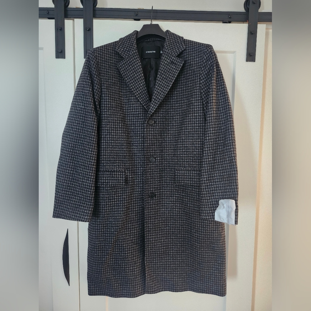 Coach Houndstooth Wool Coat Jacket Men Size Large Overcoat Long